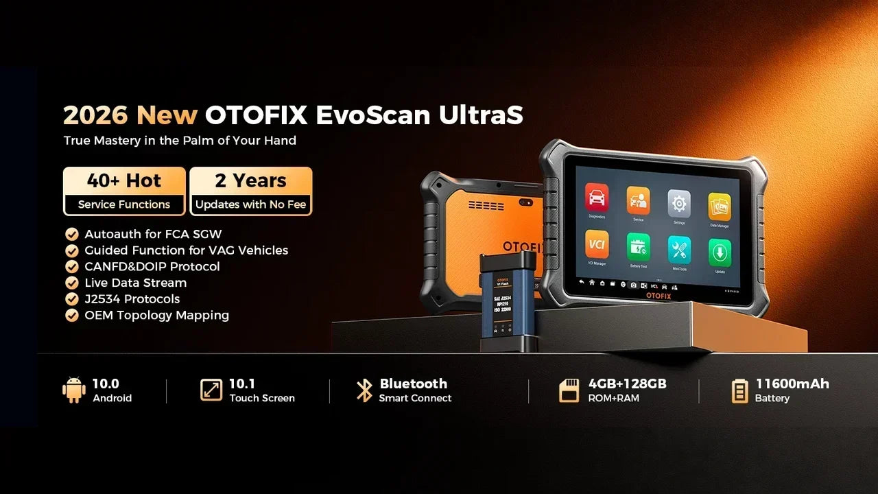2026 OTOFIX EvoScan UltraS diagnostic tablet and V1 Flash featuring J2534, topology mapping, and 40+ service functions